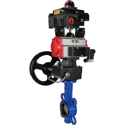 Затворы дисковые поворотные DN.ru WBV1631E-2W-Fb-ISO-H Ду50-250 Ру25 межфланцевые, корпус - чугун QT450, диск - нерж.сталь 304, уплотнение - EPDM, с пн.приводом PA-DA, пн.распредел 4M310-08 220В NAMUR, ручн.дублером MON и БКВ APL-510N EX