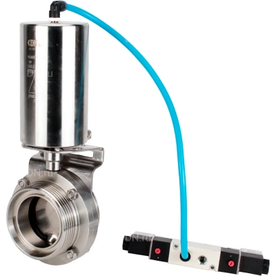 Затворы дисковые поворотные DN.ru WBV3131E-2W-T-H Ду15-100 Ру10 резьбовые, корпус - пищевая нержавеющая сталь 304, уплотнение - EPDM, с пневмоприводом PA-SA-85, пневмораспределителем 4V320-10 NAMUR AC220V