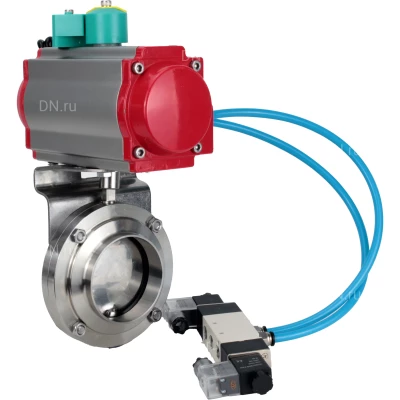 Затвор дисковый поворотный DN.ru WBV3131E-2W-W-H Ду65 Ру10 под приварку, корпус - пищевая нержавеющая сталь 304, уплотнение - EPDM, с пневмоприводом PA-DA-052, пневмораспределителем 4V320-08 NAMUR AC220V, магнитным переключателем ALS200D