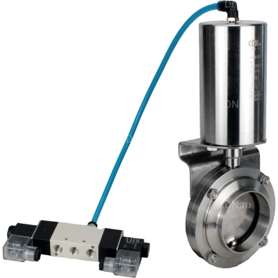 Затвор дисковый поворотный DN.ru WBV3131E-2W-W-H Ду65 Ру10 под приварку, корпус - пищевая нержавеющая сталь 304, уплотнение - EPDM, с пневмоприводом PA-SA-85, пневмораспределителем 4V320-10 NAMUR AC220V