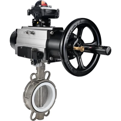 Затворы дисковые поворотные DN.ru WBV3432P-2W-Fb-H Ду100-125 Ру16, корпус - сталь WCB, диск - нержавеющая сталь 316L, уплотнение - PTFE, с пневмоприводом DN.ru PA-DA-105-1, пневмораспределителем 4М310-08 24В NAMUR, БКВ APL-210N