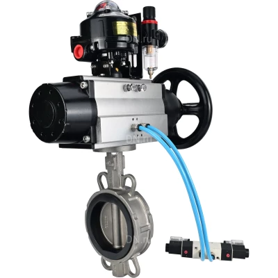 Затворы дисковые поворотные DN.ru WBV3232V-2W-Fb-H Ду150 Ру16, корпус - нержавеющая сталь 316L, диск - нержавеющая сталь 316L, уплотнение - Viton, с пневмоприводом PA-DA-105-1, пневмораспределителем 4V320-10 NAMUR AC220V, БКВ APL-510N EX, БПВ AFC2000