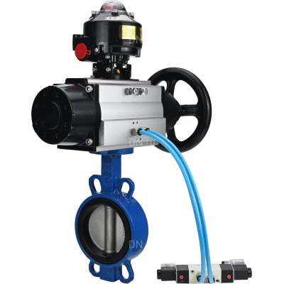 Затворы дисковые поворотные DN.ru WBV1631E-2W-Fb-ISO-H Ду125 Ру25 межфланцевые, корпус - чугун QT450, диск - нержавеющая сталь 304, уплотнение - EPDM, с пневмоприводом DN.ru PA-DA-105-1, пневмораспределителем 4V320-08 220В и БКВ APL-510N EX