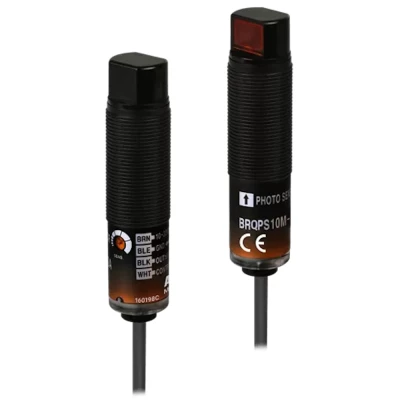 Датчик фотоэлектрический Autonics BRQPS10M-TDTA на пересечение луча, NPN-выход с открытым коллектором, кабель диам. 4мм дл. 2м, 10-30В, IP67, красный LED (660нм), расстояние срабатывания - 10м, положение датчика - боковое, материал корпуса - пластик