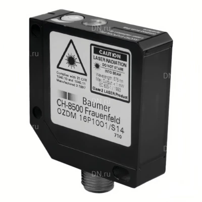 Датчик лазерный Baumer OZDM 16P1001/S14 диффузный, расстояние срабатывания < 250мм, выходная цепь PNP, потенциометр 14об., разъем M12 4pin, корпус - металл, IP67