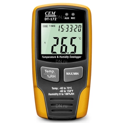 Логгер (регистратор температуры и влажности) CEM DT-172, диапазон измеряемых температур от -20 до +70°C, диапазон измеряемой влажности - 0-100%, напряжение питания - 3.6В