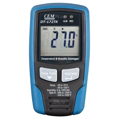 Логгер (регистратор температуры и влажности) CEM DT-172TK, диапазон измеряемых температур от -40 до +70°C, диапазон измеряемой влажности - 0-100%, напряжение питания - 3.6В