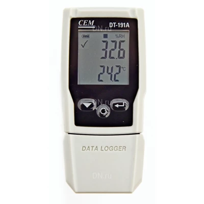 Логгер (регистратор температуры и влажности) CEM DT-191A, диапазон измеряемых температур от -30 до +60°C, диапазон измеряемой влажности - 0-100%, напряжение питания - 3В