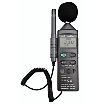 Универсальный прибор экологического контроля CEM DT-8820 4в1, диапазон измеряемых температур от -20 до +750°C, диапазон измеряемой влажности - 25-95%, диапазон уровня освещенности - 0.1-20000лк, диапазон уровня шума - 35-160дБ(А)