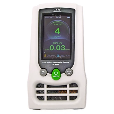 Пылемер CEM DT-9680 (счётчик пылевых частиц), диапазон содержания взвешенных твердых частиц - 0-2000мкг/м3, диапазон измеряемых температур от -20 до +70°C, диапазон измеряемой влажности - 0-100%