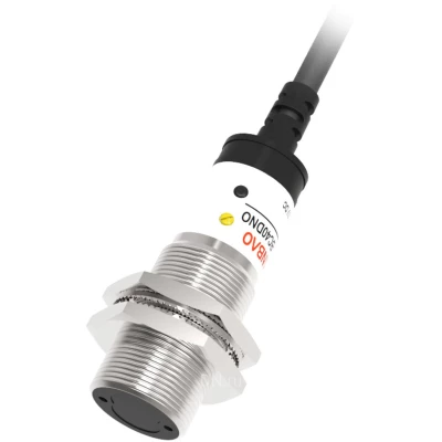 Датчик оптический LANBAO PR18-DM3DPO, цилиндрический, материал корпуса - латунь, никелированный, инфракрасный светодиод - 880нм, выход - PNP, настройка - NO, рабочая дистанция - 3м, напряжение - 30В, IP67, кабель - 2м