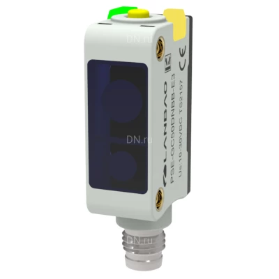 Датчик рефлекторный LANBAO PSE-GC50DNBB-E3, прямоугольный, материал корпуса - пластик, синий свет - 460нм, выход - NPN, настройка - NO/NC, рабочая дистанция - 50см, напряжение - 30В, IP67, разъем - M12