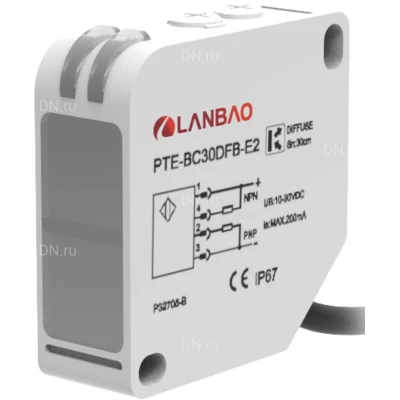 Датчик оптический LANBAO PTE-PM5SK, прямоугольный, материал корпуса - пластик, красный свет - 650нм, выход - реле, настройка - NO/NC, рабочая дистанция - 5м, напряжение - 30В, IP67, кабель - 2м