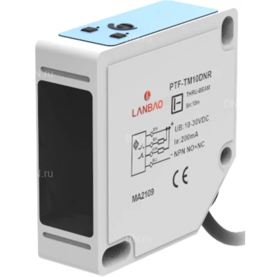 Датчик оптический LANBAO PTF-PM5DPR, прямоугольный, материал корпуса - пластик, инфракрасный светодиод - 660нм, выход - PNP, настройка - NO/NC, рабочая дистанция - 5м, напряжение - 30В, IP64, кабель - 2м