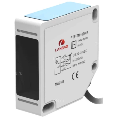 Датчик оптический LANBAO PTF-PM5SK, прямоугольный, материал корпуса - пластик, инфракрасный светодиод - 660нм, выход - реле, рабочая дистанция - 5м, напряжение - 30В, IP64, кабель - 2 м