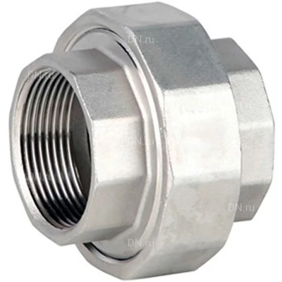 Соединение разъемное (американка) DN.ru А-304-ВР-ВР-PTFE 2″ Ду50 Ру20 с уплотнением под гайкой по плоскости, корпус - нержавеющая сталь AISI 304, присоединение - внутренняя/внутренняя резьба, тип резьбы - BSPP