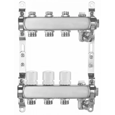 Коллекторная группа DN.ru GC4-31-5 1″ Ду25 Ру10 отводов — 5, в сборе с терморегулирующими клапанами и запорно-балансировочными клапанами, дренажным краном и воздухоотводчиком, с заглушками, без переходников, корпус - нержавеющая сталь AISI 304