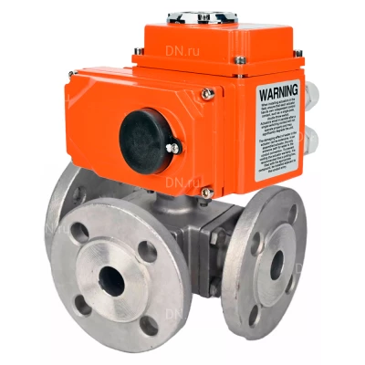 Кран шаровой DN.ru BV3232P(4pc)-FP-3WL-F-ISO-H Ду65 Ру16 3-ходовой, полнопроходной, фланцевый, корпус - нержавеющая сталь SS316, уплотнение - PTFE, с электроприводом DN.ru QT-N-008EM-O1-220VAC-У1 HARK