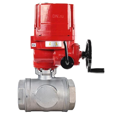 Краны шаровые DN.ru BV3232P(4pc)-SP-3WL-T-ISO-H WDVF Ду32-40 Ру63 стандартнопроходные, 3-ходовые L-тип, внутренняя резьба, корпус - нержавеющая сталь AISI 316, уплотнение - PTFE, с электроприводом DN.ru QT-EX-EM-O2-24VDC-У1