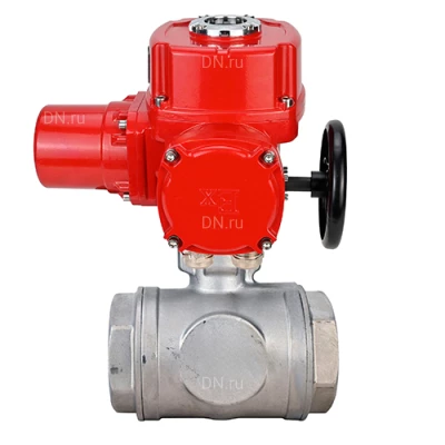 Краны шаровые DN.ru BV3232P(4pc)-SP-3WL-T-ISO-H WDVF Ду32-65 Ру63/40 стандартнопроходные, 3-ходовые L-тип, внутренняя резьба, корпус - нержавеющая сталь AISI 316, уплотнение - PTFE, с электроприводом DN.ru QT-EX-M-O2-380VAC-У1