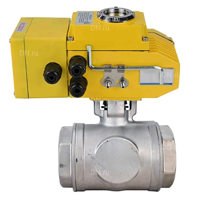 Краны шаровые DN.ru BV3232P(4pc)-SP-3WL-T-ISO-H WDVF Ду32-40 Ру63 стандартнопроходные, 3-ходовые L-тип, внутренняя резьба, корпус - нержавеющая сталь AISI 316, уплотнение - PTFE, с электроприводом DN.ru QT-N-EM-A1-220VAC-У1 DAR