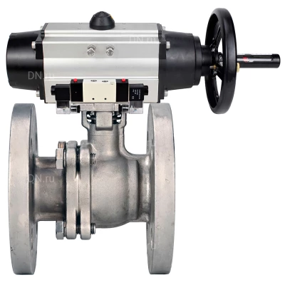 Кран шаровой DN.ru BV3232P(2pc)-FP-F-ISO-H WDVF Ду80 Ру16 полнопроходной, фланцевый, корпус - нержавеющая сталь 316, уплотнение - PTFE, с пневмоприводом PA-DA-105-1 и пневмораспределителем 4V320-10 220В NAMUR