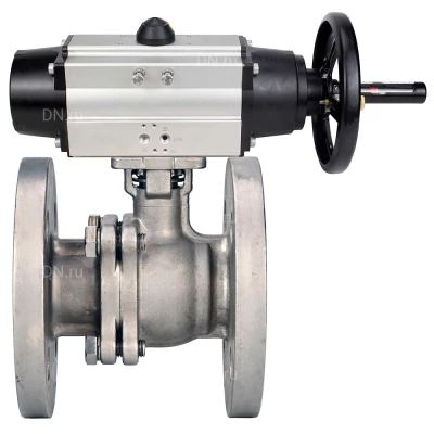 Кран шаровой DN.ru BV3232P(2pc)-FP-F-ISO-H WDVF Ду80 Ру16 полнопроходной, фланцевый, корпус - нержавеющая сталь 316, уплотнение - PTFE, с пневмоприводом DN.ru PA-DA-105-1 двойного действия со штурвалом