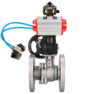 Краны шаровые DN.ru BV3232P(2pc)-FP-F-ISO-H WDVF Ду50-200 Ру40/16 полнопроходные, фланцевые, нержавеющая сталь 316, PTFE, с пневмоприводом PA-DA, пневмораспределителем 4V320-10 220В, БКВ APL-510N EX и ручным дублером MON