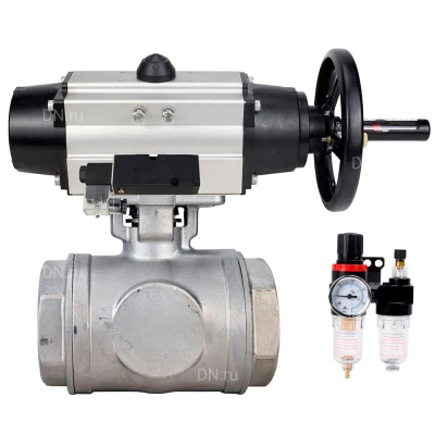 Кран шаровой DN.ru BV3232P(4pc)-SP-3WL-T-ISO-H WDVF Ду65 Ру40 стандартнопроходной, 3-ходовой L-тип, внутренняя резьба, нержавеющая сталь AISI 316, PTFE, с пневмоприводом PA-DA-105-1, пневмораспределителем 4М310-08 24В NAMUR и БПВ AFC2000