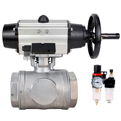 Краны шаровые DN.ru BV3232P(4pc)-SP-3WL-T-ISO-H WDVF Ду65 Ру40 стандартнопроходные, 3-ходовые L-тип, внутренняя резьба, нержавеющая сталь AISI 316, PTFE, с пневмоприводом PA-DA-105-1, пневмораспределителем 4М310-08 24В NAMUR и БПВ AFC2000