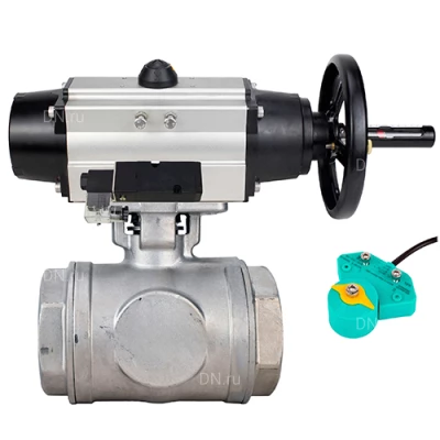 Краны шаровые DN.ru BV3232P(4pc)-SP-3WL-T-ISO-H WDVF Ду65 Ру40 стандартнопроходные, 3-ходовые L-тип, внутренняя резьба, нержавеющая сталь AISI 316, с пневмоприводом PA-DA-105-1, пневмораспределителем 4М310-08 220В NAMUR и магнитным переключателем ALS200D