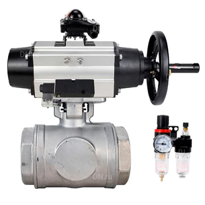 Краны шаровые DN.ru BV3232P(4pc)-SP-3WL-T-ISO-H WDVF Ду65 Ру40 стандартнопроходные, 3-ходовые L-тип, внутренняя резьба, нержавеющая сталь AISI 316, PTFE, с пневмоприводом PA-DA-105-1, пневмораспределителем 4М310-08 220В NAMUR, БКВ APL-210N и БПВ AFC2000