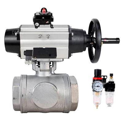 Краны шаровые DN.ru BV3232P(4pc)-SP-3WL-T-ISO-H WDVF Ду65 Ру40 стандартнопроходные, 3-ходовые L-тип, внутренняя резьба, нержавеющая сталь AISI 316, PTFE, с пневмоприводом PA-DA-105-1, пневмораспределителем 4М310-08 220В NAMUR,БКВ APL-410N EX и БПВ AFC2000