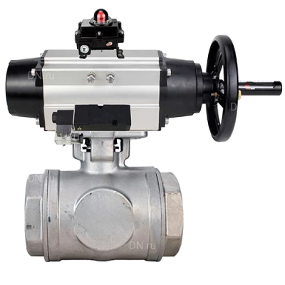 Краны шаровые DN.ru BV3232P(4pc)-SP-3WL-T-ISO-H WDVF Ду65 Ру40 стандартнопроходные, 3-ходовые L-тип, внутренняя резьба, нержавеющая сталь AISI 316, PTFE, с пневмоприводом PA-DA-105-1, пневмораспределителем 4М310-08 24В NAMUR и БКВ APL-410N EX