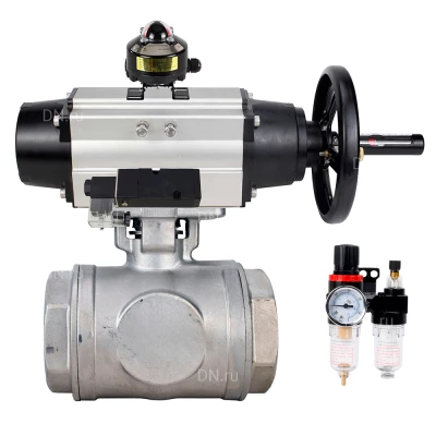 Кран шаровой DN.ru BV3232P(4pc)-SP-3WL-T-ISO-H WDVF Ду65 Ру40 стандартнопроходной, 3-ходовой L-тип, внутренняя резьба, нержавеющая сталь AISI 316, PTFE, с пневмоприводом PA-DA-105-1, пневмораспределителем 4М310-08 24В NAMUR, БКВ APL-510N EX и БПВ AFC2000