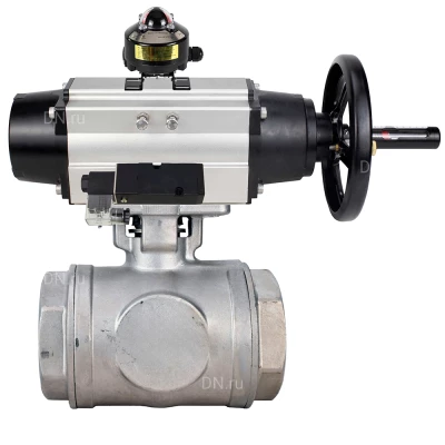 Кран шаровой DN.ru BV3232P(4pc)-SP-3WL-T-ISO-H WDVF Ду65 Ру40 стандартнопроходной, 3-ходовой L-тип, внутренняя резьба, нержавеющая сталь AISI 316, PTFE, с пневмоприводом PA-DA-105-1, пневмораспределителем 4М310-08 24В NAMUR и БКВ APL-510N EX