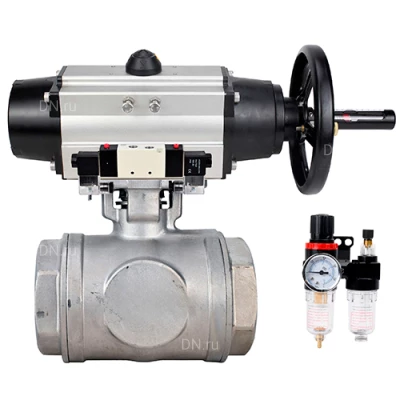 Краны шаровые DN.ru BV3232P(4pc)-SP-3WL-T-ISO-H WDVF Ду65 Ру40 стандартнопроходные, 3-ходовые L-тип, внутренняя резьба, нержавеющая сталь AISI 316, PTFE, с пневмоприводом PA-DA-105-1, пневмораспределителем 4V320-08 220В NAMUR и БПВ AFC2000