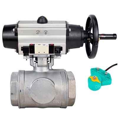 Краны шаровые DN.ru BV3232P(4pc)-SP-3WL-T-ISO-H WDVF Ду65 Ру40 стандартнопроходные, 3-ходовые L-тип, внутренняя резьба, нержавеющая сталь AISI 316, с пневмоприводом PA-DA-105-1, пневмораспределителем 4V320-10 220В NAMUR и магнитным переключателем ALS200D