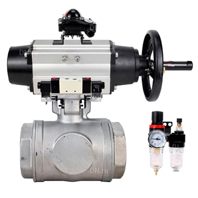 Краны шаровые DN.ru BV3232P(4pc)-SP-3WL-T-ISO-H WDVF Ду65 Ру40 стандартнопроходные, 3-ходовые L-тип, внутренняя резьба, нержавеющая сталь AISI 316, PTFE, с пневмоприводом PA-DA-105-1, пневмораспределителем 4V320-10 220В NAMUR, БКВ APL-210N и БПВ AFC2000