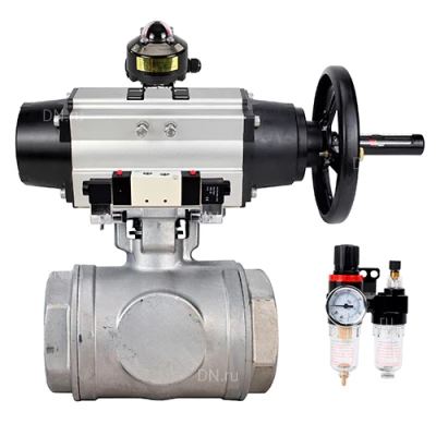 Краны шаровые DN.ru BV3232P(4pc)-SP-3WL-T-ISO-H WDVF Ду65 Ру40 стандартнопроходные, 3-ходовые L-тип, внутренняя резьба, нержавеющая сталь AISI 316, PTFE, с пневмоприводом PA-DA-105-1, пневмораспределителем 4V320-10 220В NAMUR,БКВ APL-510N EX и БПВ AFC2000