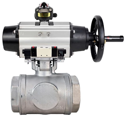 Краны шаровые DN.ru BV3232P(4pc)-SP-3WL-T-ISO-H WDVF Ду65 Ру40 стандартнопроходные, 3-ходовые L-тип, внутренняя резьба, нержавеющая сталь AISI 316, PTFE, с пневмоприводом PA-DA-105-1, пневмораспределителем 4V320-10 220В NAMUR и БКВ APL-510N EX