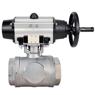 Краны шаровые DN.ru BV3232P(4pc)-SP-3WL-T-ISO-H WDVF Ду65 Ру40 стандартнопроходные, 3-ходовые L-тип, внутренняя резьба, корпус - нержавеющая сталь AISI 316, уплотнение - PTFE, с пневмоприводом PA-DA-105-1 и пневмораспределителем 4V320-10 220В NAMUR