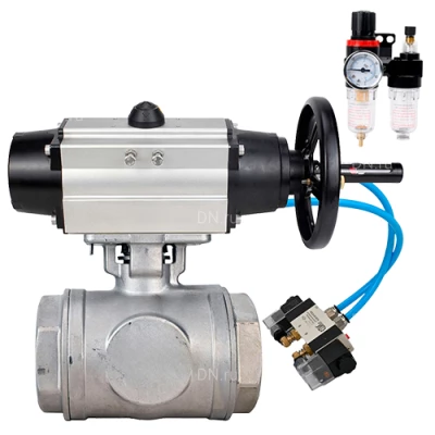 Краны шаровые DN.ru BV3232P(4pc)-SP-3WL-T-ISO-H WDVF Ду65 Ру40 стандартнопроходные, 3-ходовые L-тип, внутренняя резьба, нержавеющая сталь AISI 316, PTFE, с пневмоприводом PA-DA-105-1, пневмораспределителем 4V320-08 220В и БПВ AFC2000