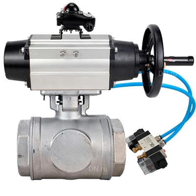 Краны шаровые DN.ru BV3232P(4pc)-SP-3WL-T-ISO-H WDVF Ду65 Ру40 стандартнопроходные, 3-ходовые L-тип, внутренняя резьба, нержавеющая сталь AISI 316, PTFE, с пневмоприводом PA-DA-105-1, пневмораспределителем 4V320-10 220В и БКВ APL-210N