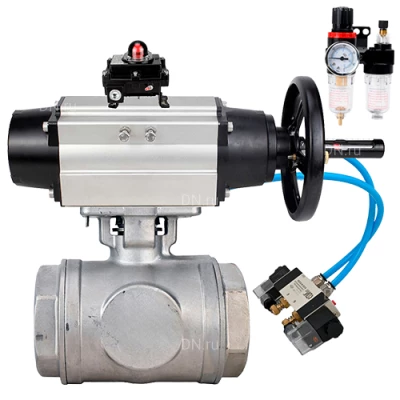 Краны шаровые DN.ru BV3232P(4pc)-SP-3WL-T-ISO-H WDVF Ду65 Ру40 стандартнопроходные, 3-ходовые L-тип, внутренняя резьба, нержавеющая сталь AISI 316, PTFE, с пневмоприводом PA-DA-105-1, пневмораспределителем 4V320-08 220В,БКВ APL-410N EX и БПВ AFC2000