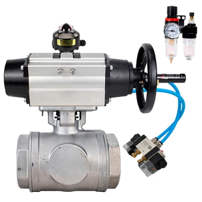 Краны шаровые DN.ru BV3232P(4pc)-SP-3WL-T-ISO-H WDVF Ду65 Ру40 стандартнопроходные, 3-ходовые L-тип, внутренняя резьба, нержавеющая сталь AISI 316, PTFE, с пневмоприводом PA-DA-105-1, пневмораспределителем 4V320-10 220В,БКВ APL-510N EX и БПВ AFC2000