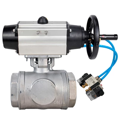 Краны шаровые DN.ru BV3232P(4pc)-SP-3WL-T-ISO-H WDVF Ду65 Ру40 стандартнопроходные, 3-ходовые L-тип, внутренняя резьба, корпус - нержавеющая сталь AISI 316, уплотнение - PTFE, с пневмоприводом PA-DA-105-1 и пневмораспределителем 4V320-08 220В