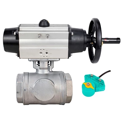 Краны шаровые DN.ru BV3232P(4pc)-SP-3WL-T-ISO-H WDVF Ду65 Ру40 стандартнопроходные, 3-ходовые L-тип, внутренняя резьба, корпус - нержавеющая сталь AISI 316, уплотнение - PTFE, с пневмоприводом DN.ru PA-DA-105-1 и магнитным переключателем ALS200D