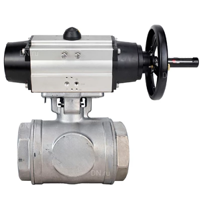 Краны шаровые DN.ru BV3232P(4pc)-SP-3WL-T-ISO-H WDVF Ду65 Ру40 стандартнопроходные, 3-ходовые L-тип, внутренняя резьба, корпус - нержавеющая сталь AISI 316, уплотнение - PTFE, с пневмоприводом DN.ru PA-DA-105-1 двойного действия со штурвалом