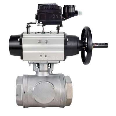 Кран шаровой DN.ru BV3232P(4pc)-SP-3WL-T-ISO-H WDVF Ду65 Ру40 стандартнопроходной, 3-ходовой L-тип, внутренняя резьба, нержавеющая сталь AISI 316, с пневмоприводом PA-DA-105-1 и электропневматическим поворотным позиционером YT-1000RSN без обратной связи